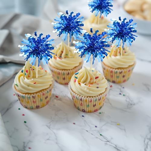 Gyufise 30Pcs Foil Firework Cupcake Toppers Blue