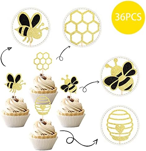 36PCS Bumble Bee Cupcake Toppers Glitter Bee Decorations