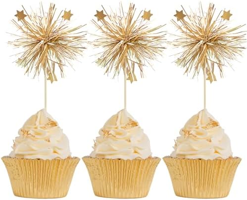 Gyufise 30Pcs Foil Firework Cupcake Toppers Gold Sparkle