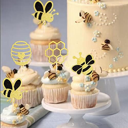 36PCS Bumble Bee Cupcake Toppers Glitter Bee Decorations