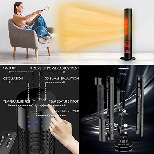 Ceramic Tower Heater with 3D Flame and Remote Control