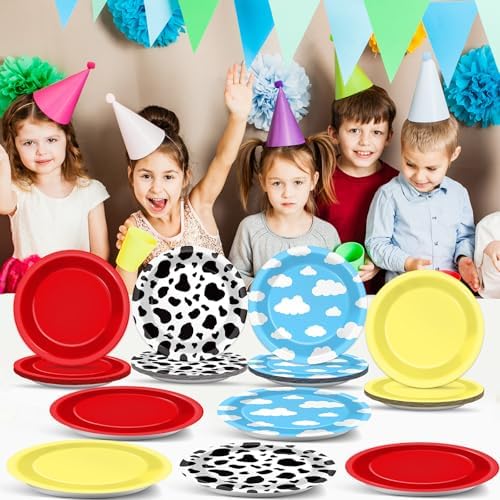 CHUNNIN 48Pcs Cartoon Birthday Paper Plates with Cow Print