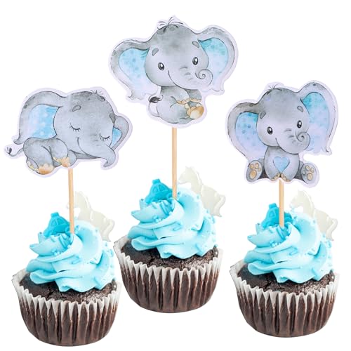 36PCS Blue Elephant Cupcake Toppers for Boys Party