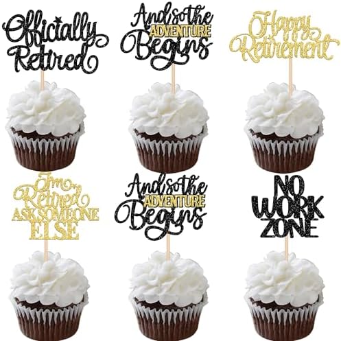30 PCS Black Gold Happy Retirement Cupcake Toppers