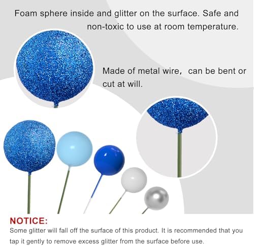 ASTARON 50 Pcs Glitter Blue Ball Cake Topper Sticks