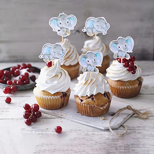 36PCS Blue Elephant Cupcake Toppers for Boys Party