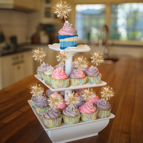 Gyufise 30Pcs Foil Firework Cupcake Toppers Gold Sparkle