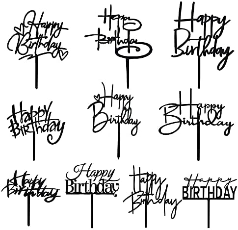 10 PCS Black Birthday Cake Toppers Acrylic Cupcake Decorations