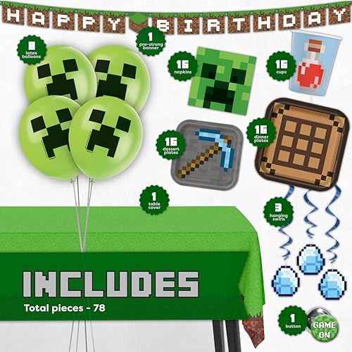 Minecraft Party Decor and Supplies Set for 16 Guests