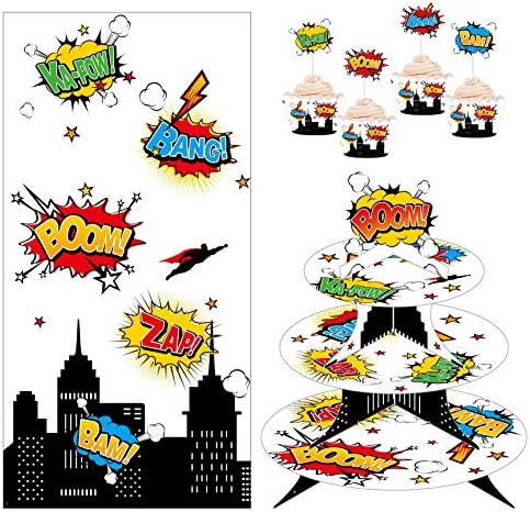 Oojami 3 Tier Super Hero Cupcake Stand with Liners Toppers Banner