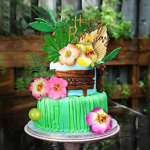 DRWATE 25PCS Hawaiian Cake Decorations with Palm Leaves
