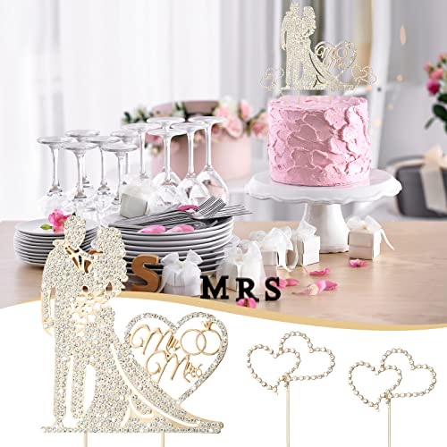 3 Pack Mr and Mrs Cake Wedding Topper with Rhinestone and Diamond Design