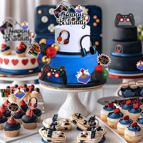 TOSPARTY Video Game Cake Toppers Set Blue Colorful