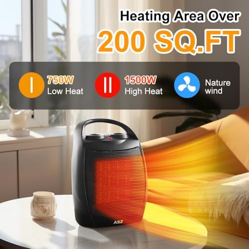 ASZ Compact Electric Space Heater with Thermostat and 2 Heat Settings