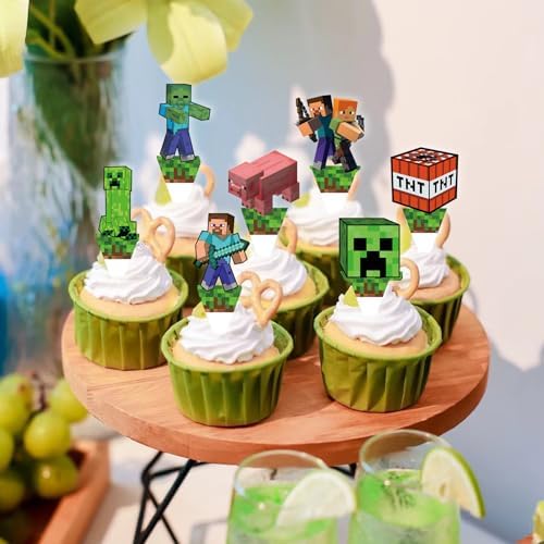 Pixel Style Cupcake Toppers for Kids Birthday Party Decorations