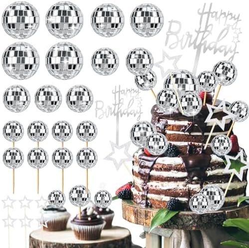 Zaycca 36 pcs Disco Ball Cake Toppers 1970s Party Decorations