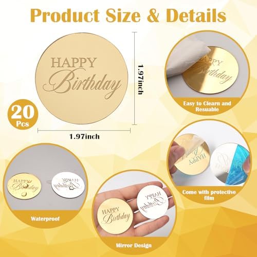 20pcs Gold Mirror Cupcake Toppers with Happy Birthday Design