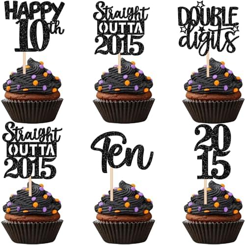 30PCS Black 10th Birthday Cupcake Toppers Glitter