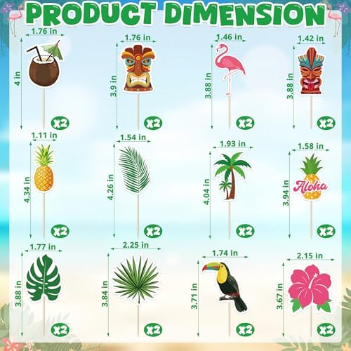 24 Pcs Hawaiian Cupcake Toppers Non-Edible Cake Picks for Summer Parties