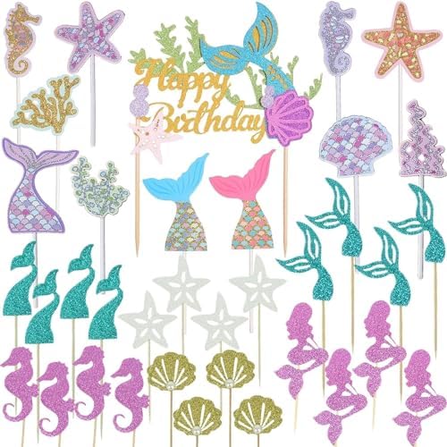 Wootkey 36 pcs Mermaid Cake Toppers Birthday Party Decorations