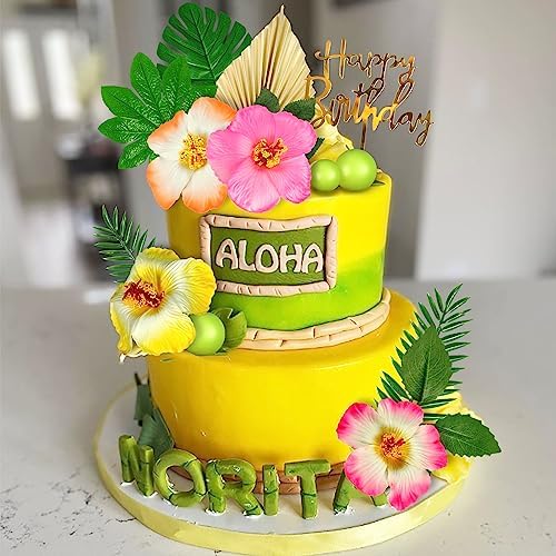 DRWATE 25PCS Hawaiian Cake Decorations with Palm Leaves