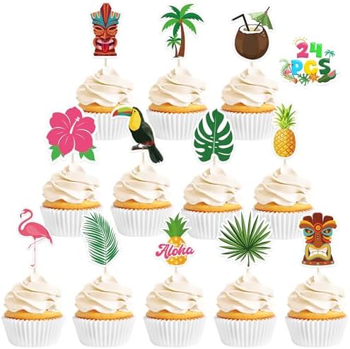 24 Pcs Hawaiian Cupcake Toppers Non-Edible Cake Picks for Summer Parties