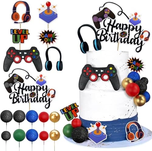 TOSPARTY Video Game Cake Toppers Set Blue Colorful