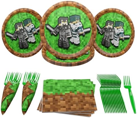 Pixel Warrior Party Plates 64 Pieces - 7 Dessert Plates Green Forks