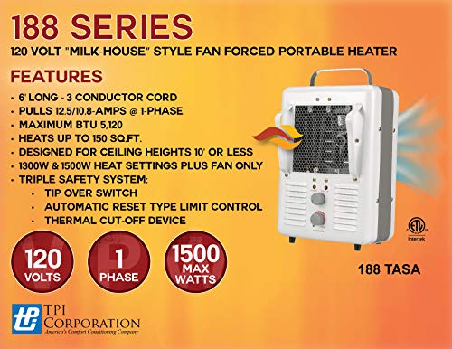 TPI 188TASA Fan Forced Portable Heater - 1500W 120V Durable and Quiet