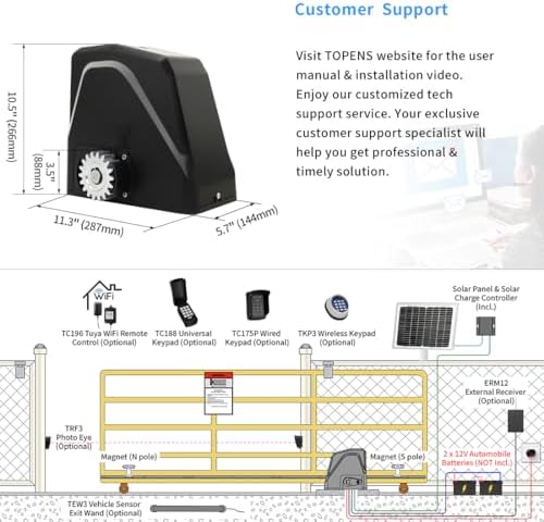 TOPENS DKR1100ST Solar Gate Opener for Heavy Driveway Gates Up to 2600lbs
