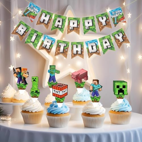 Pixel Style Cupcake Toppers for Kids Birthday Party Decorations