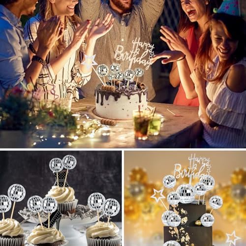 Zaycca 36 pcs Disco Ball Cake Toppers 1970s Party Decorations
