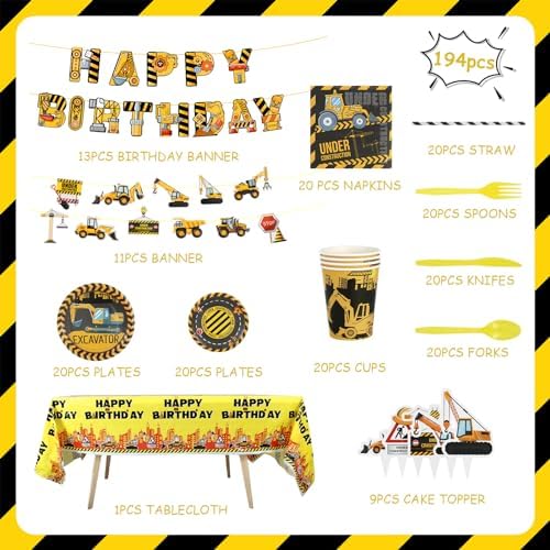 Construction Theme Birthday Party Supplies Kit 194 Pcs