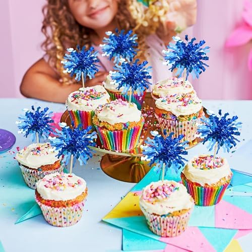 Gyufise 30Pcs Foil Firework Cupcake Toppers Blue