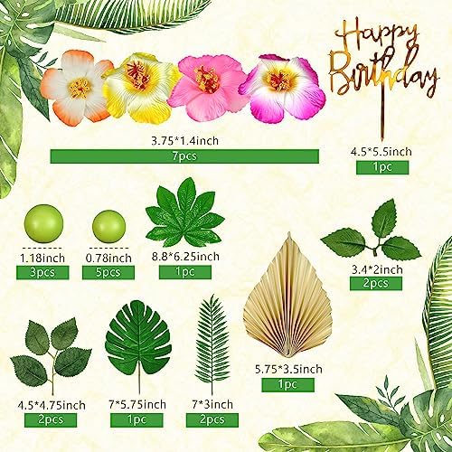 DRWATE 25PCS Hawaiian Cake Decorations with Palm Leaves