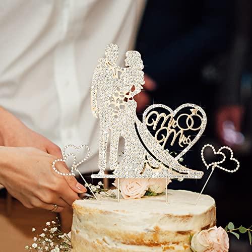 3 Pack Mr and Mrs Cake Wedding Topper with Rhinestone and Diamond Design