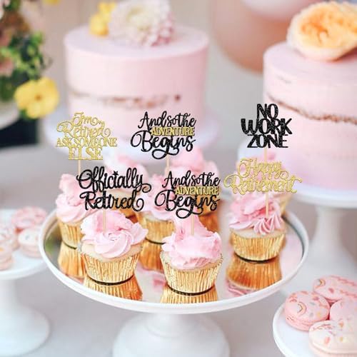 30 PCS Black Gold Happy Retirement Cupcake Toppers