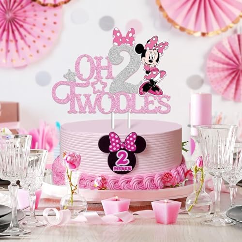 Pink Glitter Mouse 2nd Birthday Cake Topper for Girls