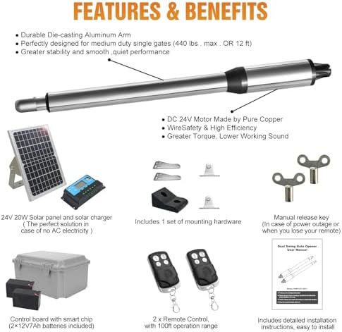 JUJIANG C01 Solar Gate Opener with Remote and Batteries