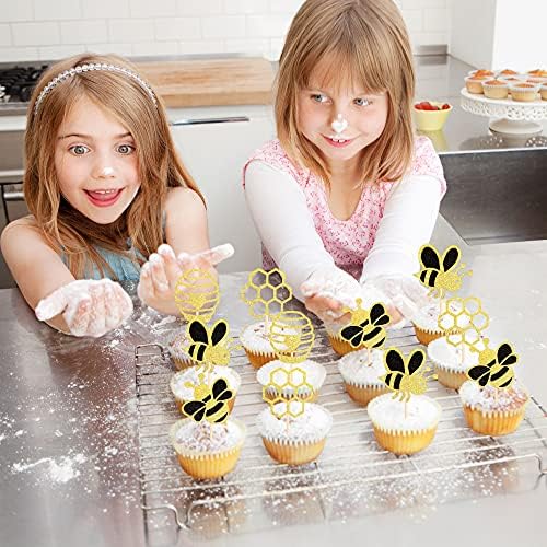 36PCS Bumble Bee Cupcake Toppers Glitter Bee Decorations