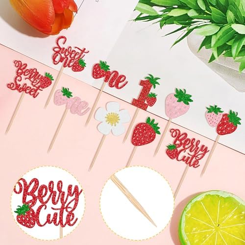 ZHUOWEISM 30 PCS Strawberry Cupcake Toppers Decorations
