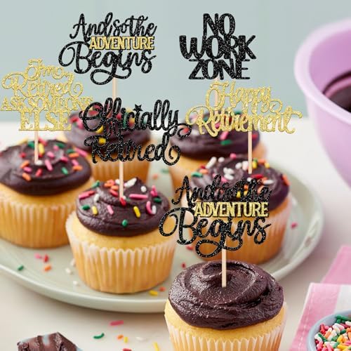 30 PCS Black Gold Happy Retirement Cupcake Toppers