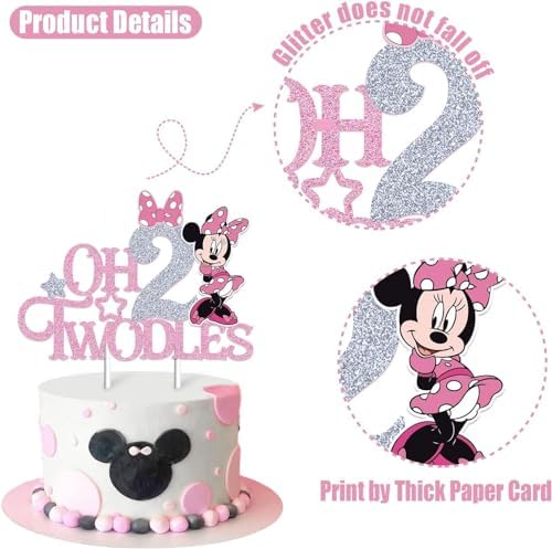 Pink Glitter Mouse 2nd Birthday Cake Topper for Girls