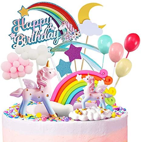 MOVINPE Unicorn Cake Topper with Rainbow and Birthday Banner
