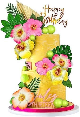 DRWATE 25PCS Hawaiian Cake Decorations with Palm Leaves