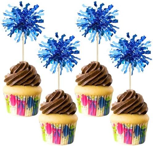 Gyufise 30Pcs Foil Firework Cupcake Toppers Blue