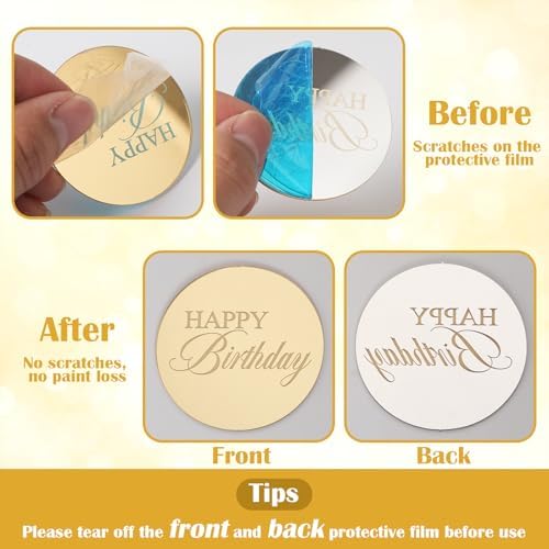 20pcs Gold Mirror Cupcake Toppers with Happy Birthday Design
