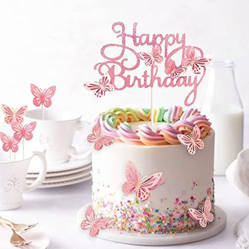 13-Piece Pink Butterfly Cake Toppers for Birthday Decorations