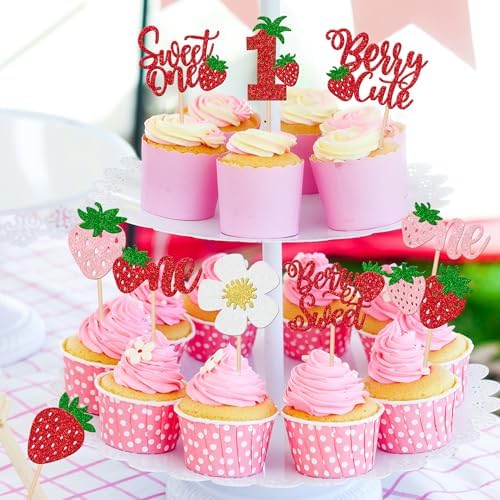 ZHUOWEISM 30 PCS Strawberry Cupcake Toppers Decorations