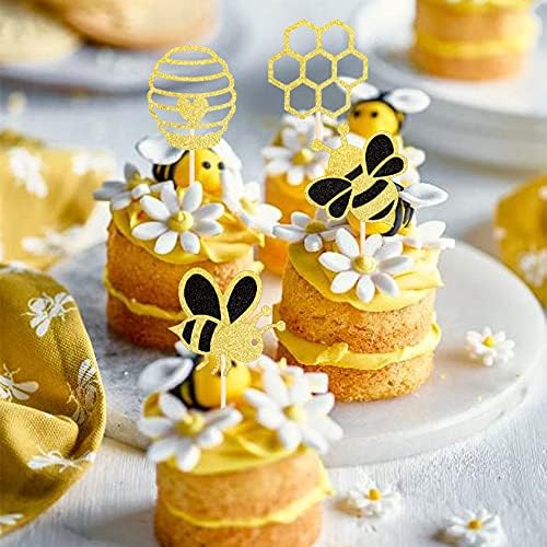 36PCS Bumble Bee Cupcake Toppers Glitter Bee Decorations